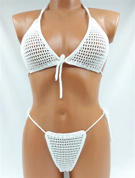 US Stock White Crochet Mesh Bikini Transparent Swimsuit Bride Bikini