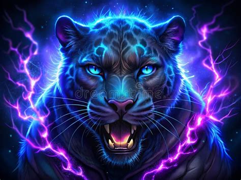 Fierce Black Panther with Electric Blue Eyes and Lightning Stock ...