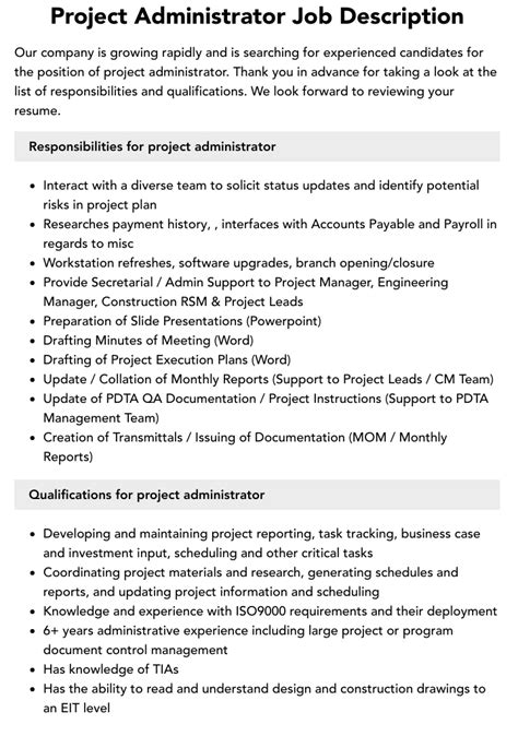 Project Administrator Job Description Velvet Jobs