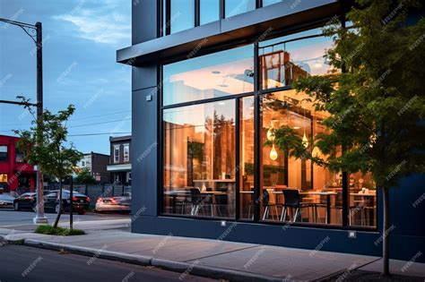 premium photo modern urban cafe exterior  twilight