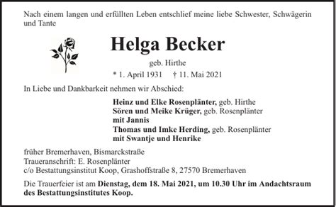 Helga Becker Gedenken Nordsee Zeitung