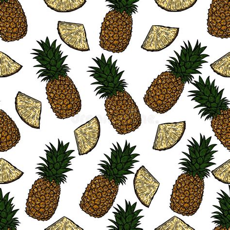 Seamless Pattern Of Pineapple And Slices Of Pineapple On White Stock