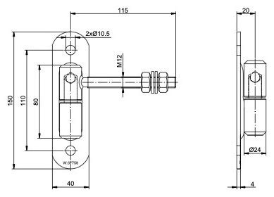 Zawias regulowany toczony Fi24 z kulką M12 z szyldem 150x40x4 mm M12