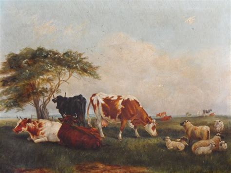 Antique Oil Painting Of A Cow And Cattle Landscape By L Johnson 1868