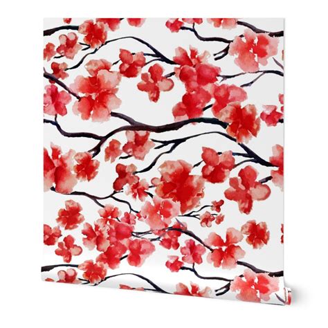 Japanese Red Cherry Blossom Sakura Wallpaper Spoonflower