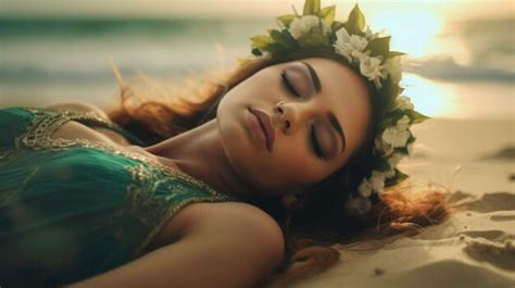 Premium AI Image Closeup Of A Girl Lying On The Sand In A Green Bikini And A Flower Crown And
