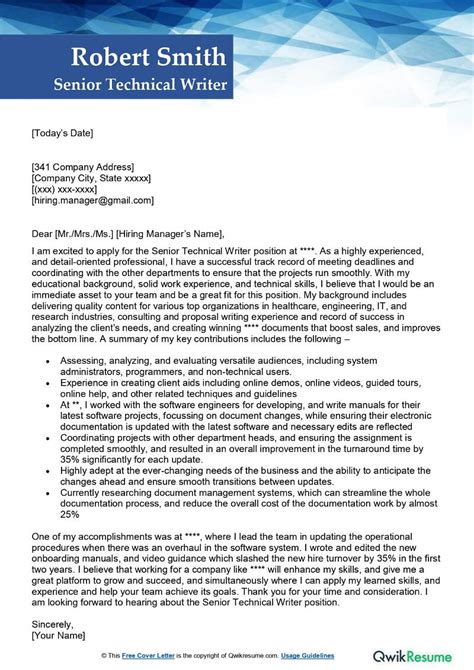 Senior Technical Writer Cover Letter Examples QwikResume