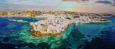 Drone View Of Mykonos Greek Village In Greece Colorful Streets Of