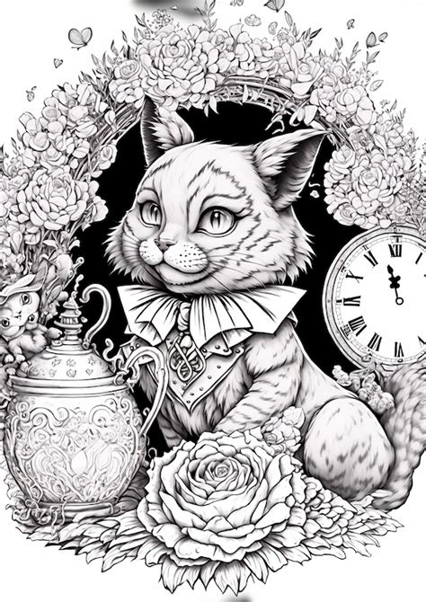 Cheshire Cat Coloring Page Alice In Wonderland Printable Adult Coloring