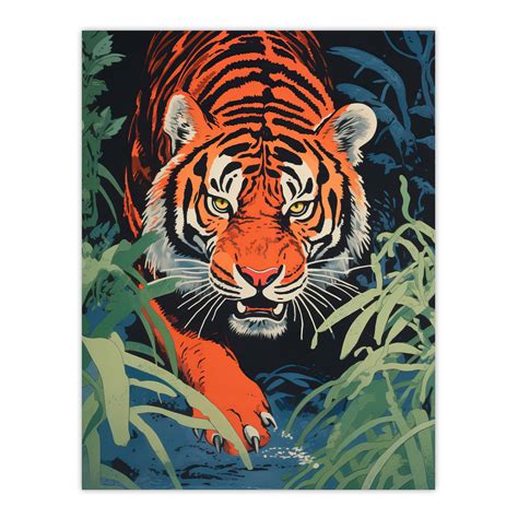 Jungle Tiger Prowling Stalking Pouncing Animal Nature Artwork Painting