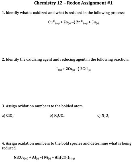 Solved Chemistry 12 - Redox Assignment \#1 1. Identify what | Chegg.com 