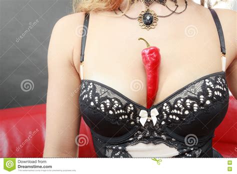 Woman Wearing Lingerie Holding Chilli Pepper Stock Image Image Of Seductive Indoor 81300557