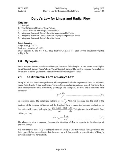 2.1 The Differential Form of Darcy`s Law