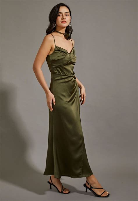 Floral Choker Satin Cami Maxi Dress in Olive - Retro, Indie and Unique ...