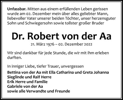 Traueranzeigen Von Robert Von Der Aa Trauer Anzeigen De