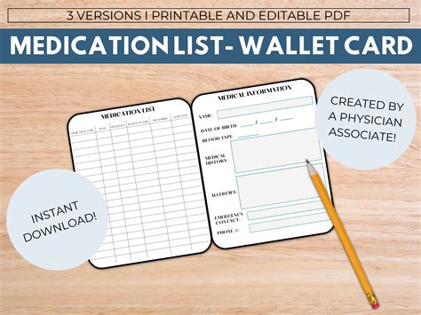 Medication List Wallet Card With Emergency Contact And Medical