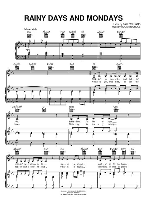 Rainy Days And Mondays" Sheet Music by The Carpenters for Piano/Vocal/Chords - Sheet Music Now