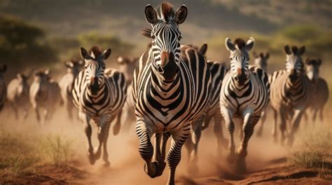 Premium AI Image A Dynamic Shot Of A Group Of Wild Zebras Running