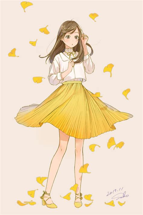 Safebooru - 1girl :o absurdres autumn leaves bare legs brown eyes brown ...