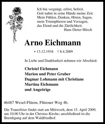 Traueranzeigen Von Arno Eichmann Trauer In Nrw De