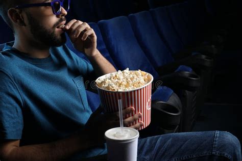 Man At The Cinema With Popcorn Stock Photo Image Of Cheerful Film