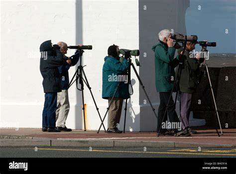 Group Of Twitchers Birdwatchers With Spotting Scopes Stock Photo Alamy