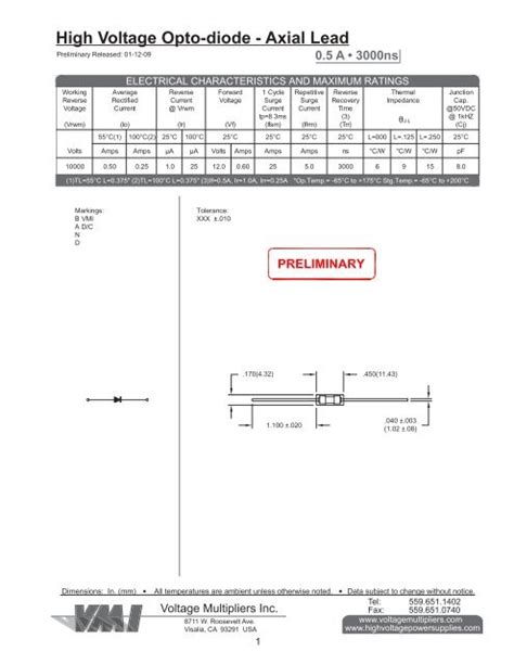 High Voltage Opto Diode Axial Lead Voltage Multipliers Inc