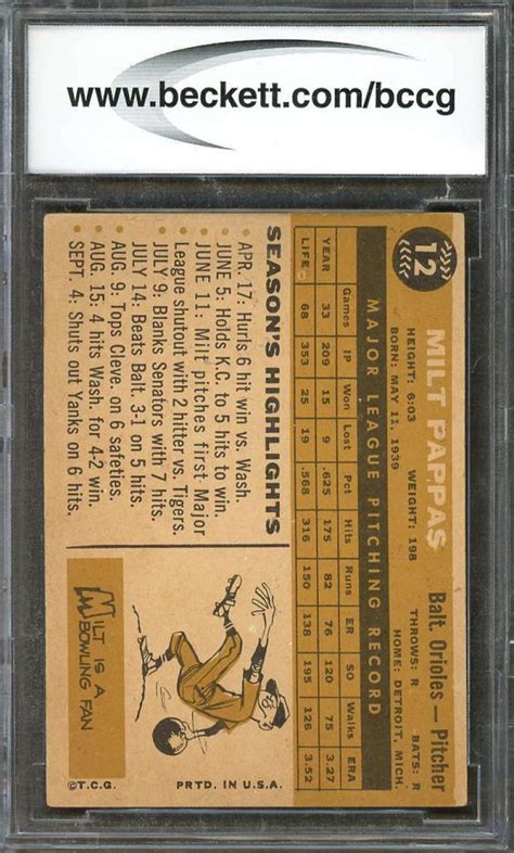 Milt Pappas Card 1960 Topps 12 Baltimore Orioles BGS BCCG 7 EBay