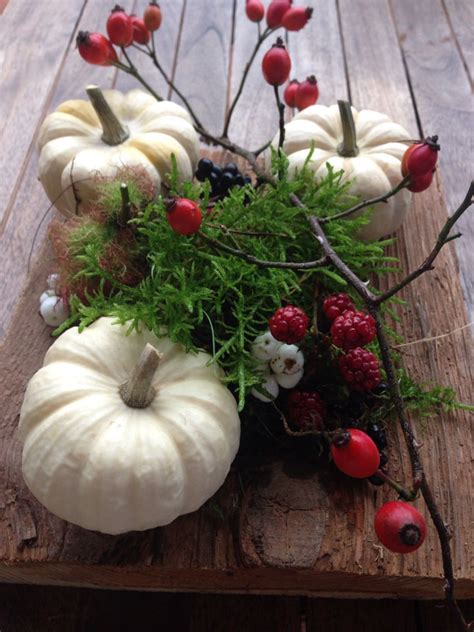 Herbstdeko mit weißen Kürbissen Moos Hagebutten Holz Herbst