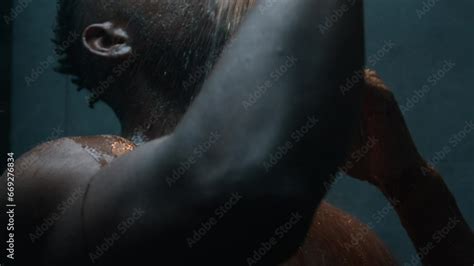 Close Up African American Ethnic Man Washing Bathing Male Guy Naked Wash Face Cleaning Body In