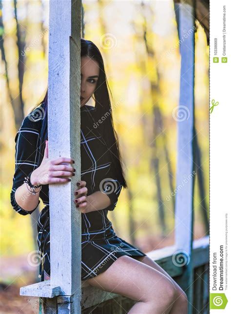 Picture With A Beautiful Brunette In The Autumn Forest Near To A Stock Image Image Of Eyes