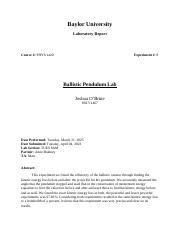 Ballistic Pendulum Lab Docx Baylor University Laboratory Report