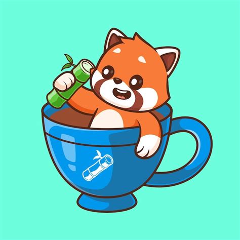 Premium Vector Cute Red Panda Holding Bamboo In Coffee Cartoon Vector