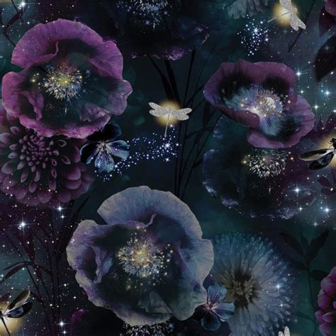 Arthouse Nocturnal Purple Teal English Garden Night Dramatic Floral ...