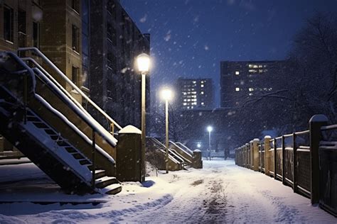 Snowy Sidewalk With Light Background Street Lights Street Trees