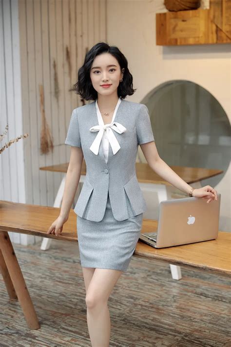 Novelty Grey Slim Fashion Ol Styles Blazers Suits With Tops And Skirt