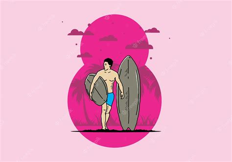 Premium Vector The Shirtless Man Holding Surfboard Illustration