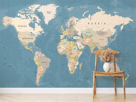 Buy Blue and Colour World Map Wallpaper Mural | Wallpaper Store