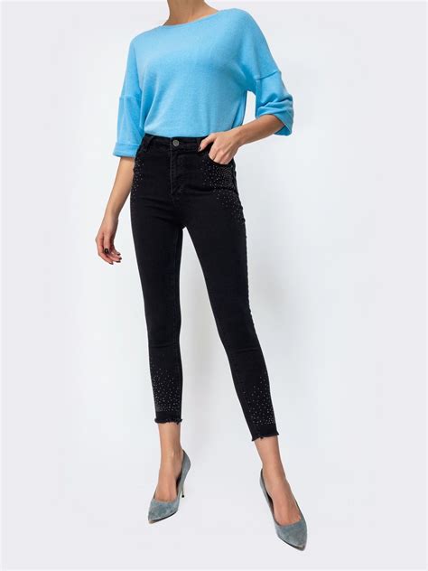 Чёрные джинсы со стразами и завышенной талией 44060 | Black jeans ...