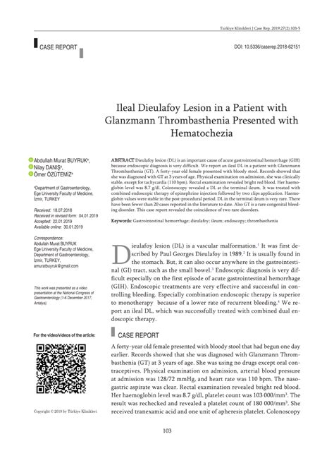 Pdf Ileal Dieulafoy Lesion In A Patientwith Glanzmann Thrombastenia Presented With Hematochezia