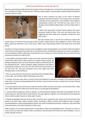 Exploring The Red Planet With The Mars Rovers Reading Comprehension