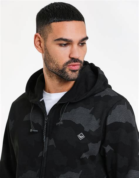 Mens Charcoal Grey Camo Print Fleece Zip Through Hoodie Threadbare