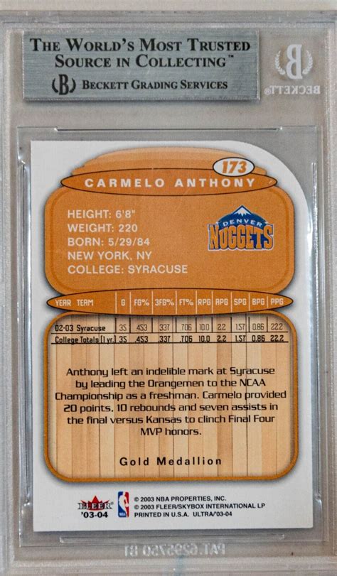 2003 04 Fleer Ultra Lucky 13 Platinum Medallion Carmelo Anthony BGS 8 5