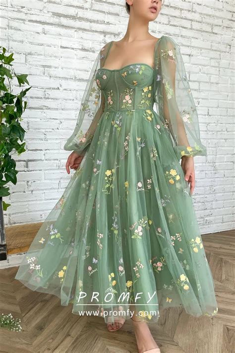 Embroidered Flower Long Sleeve Corset Green Tulle Dress Promfy