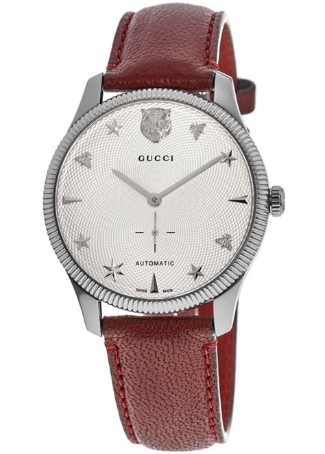 Gucci G-Timeless Automatic Silver Dial Red Leather Strap Unisex Watch ...