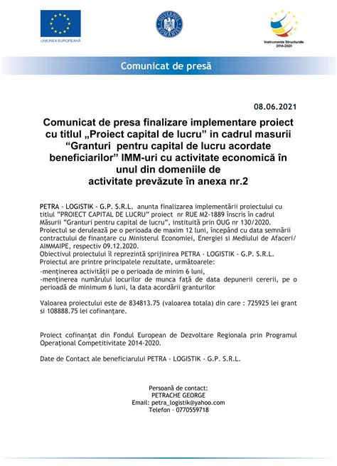 Comunicat De Presa Finalizare Implementare Proiect Cu Titlul Proiect