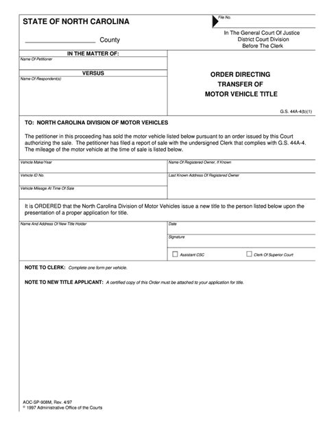 Fillable Online Order Directing Transfer Of Motor Vehicle Title Form