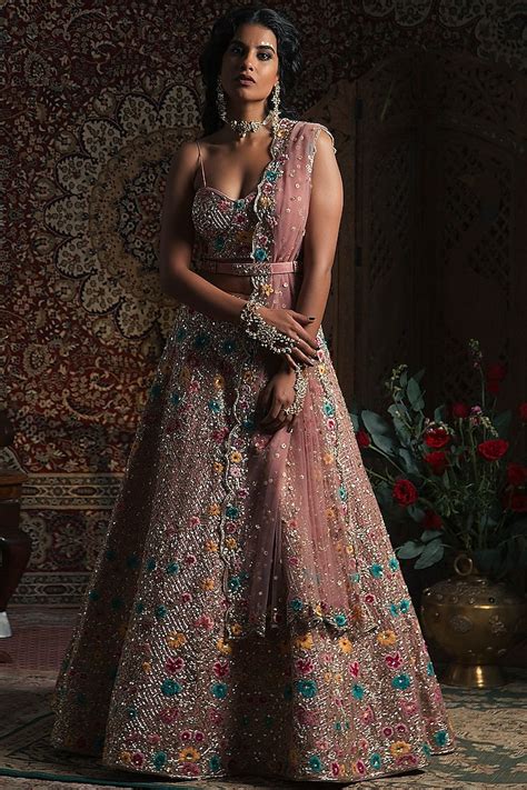 Rose Gold Shaded Dupion Silk Hand Embroidered Lehenga Set By Rachit