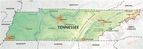 Physical map of Tennessee
