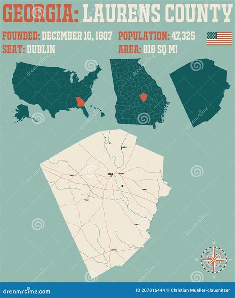 Map of Laurens County in Georgia Stock Vector - Illustration of lakes ...